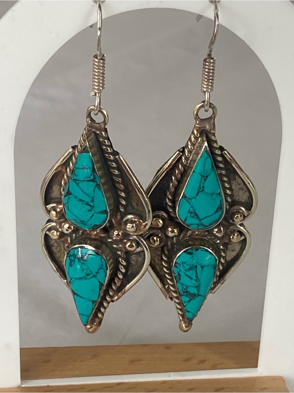 Tibetan Turquoise Teardrop Earrings in 925 Sterling Silver. - Picture 2 of 15